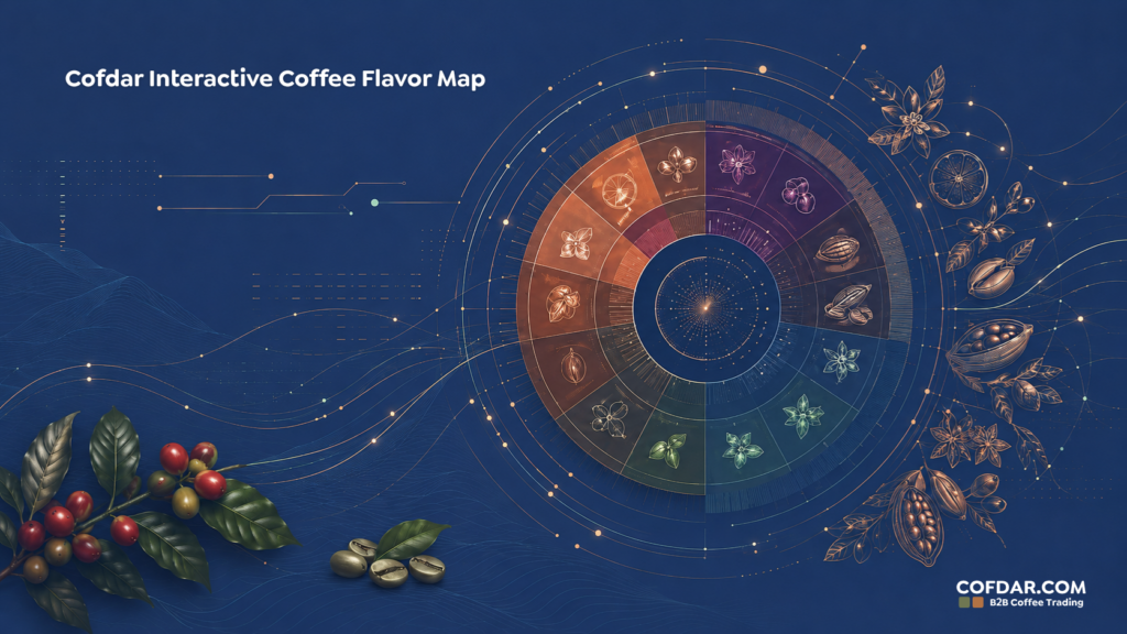 Cofdar interactive coffee flavor map showing coffee tasting notes, aromas and flavor families